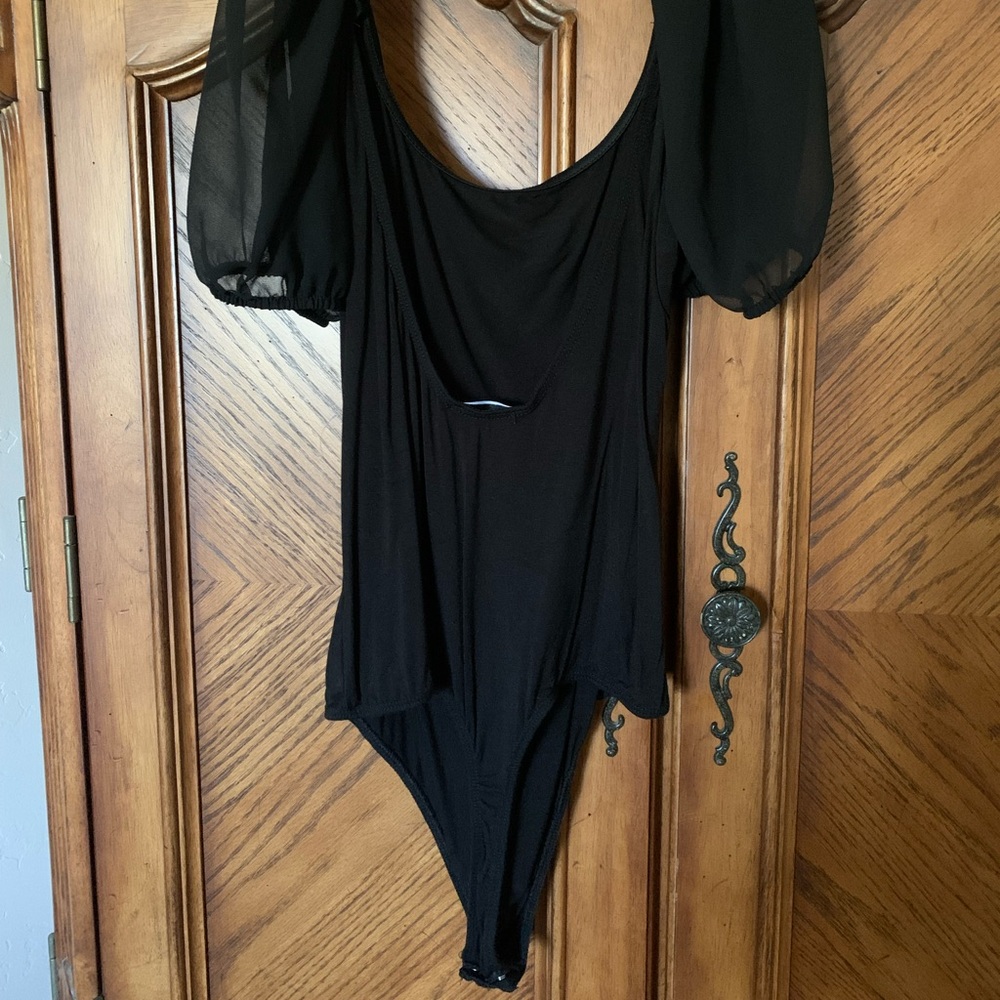 Vici Thong Bodysuit - Black with Sheer Puff Sleeves - Size Large